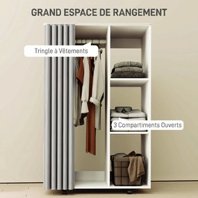Guarda roupa aberto móvel com 4 Rodas 80 (L) x 40 (P) x 128 (A) cm, com varão para pendurar roupa e prateleiras abertas, branco