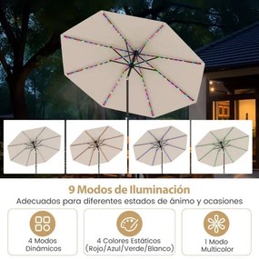 Guarda-sol para jardim 3 M com 96 luzes LED, 9 modos, ajuste de inclinação, manivela fácil, 8 hastes, tampa ventilada bege