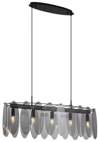 Candeeiro suspenso de design preto com vidro fumado oval 5-luzes - Mochan