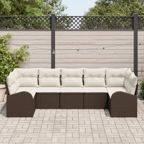 Conjunto de Sofá de Jardim de 7 Peças com Almofadas Castanho Poliratan