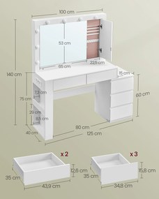 Toucador com iluminação LED e espelho 40 x 125 x 140 cm branco nuvem