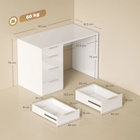 Secretária de computador de alto brilho com 4 gavetas, 110 x 60 cm, secretária com espaço de arrumação, estilo moderno, branca