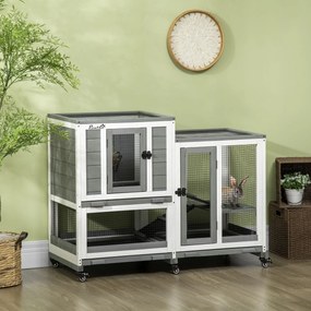 Coelheira de Madeira Interior Gaiola para Coelhos de 2 Níveis com Rodas 2 Rampas 3 Bandejas Amovíveis 110x50x86 cm Cinza