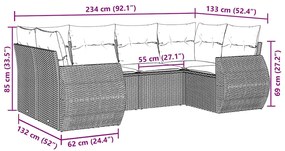 6 pcs conjunto sofás de jardim c/ almofadões vime PE preto