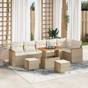 Conjunto de Sofás de Jardim 9 Peças com Almofadas Bege Rattan PE Acácia