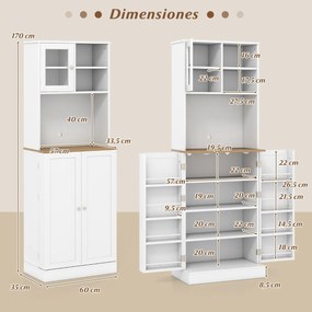 Armário multifuncional cozinha, prateleiras ajustáveis, porta de vidro 60 x 35 x 170 cm Branco