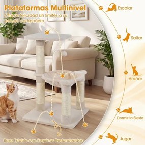 Arranhador para gatos 40 x 40 x 64 cm com rede, postes revestidos a sisal e bola de brincar bege