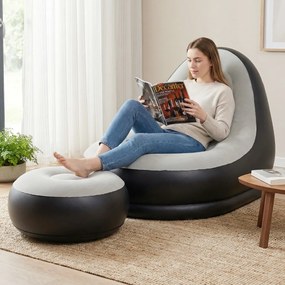 Sofá insuflável com pufe portátil, superfície felpuda e porta-copos integrado Sem bomba, para uso no exterior, interior e acampamento, cinzento + pret