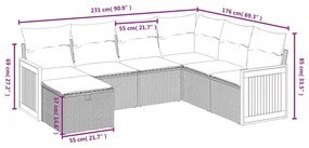 7 pcs conjunto sofás p/ jardim c/ almofadões vime PE cinzento