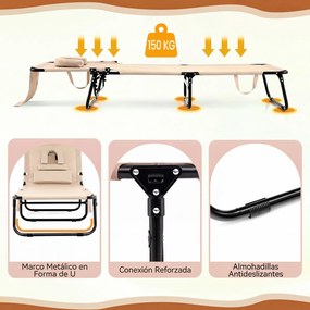 Conjunto de 2 Espreguiçadeiras Dobráveis, 63 x 142-194 x 92 cm, Encosto Ajustável em 5 Posições, Bege