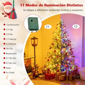 Árvore de Natal artificial pré-iluminada com dobradiças, 180 cm, com 250 luzes LED em branco quente e multicoloridas, 11 modos, 530 pontas verdes