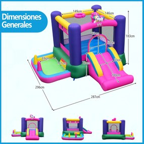 Castelo insuflável 6 em 1 para crianças (SEM VENTILADOR) com escorrega Piscina de bolas Área de salto Cesto de basquetebol Multicolor