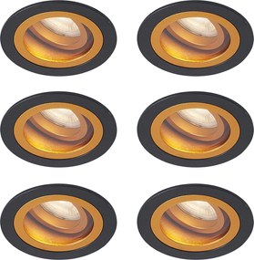 Conjunto de 6 focos embutidos modernos preto com dourado giratórios e inclináveis IP44 - Chuck