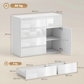 Aparador de Sala com 5 Gavetas Prateleiras Ajustáveis e Porta com Fecho Suave 100x40x80 cm Branco Brilhante
