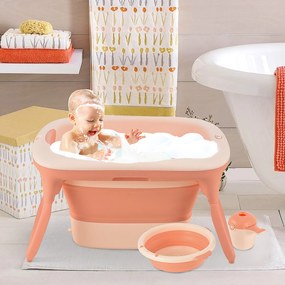 HOMCOM Banheira dobrável e portátil para bebê com recipiente para xampu bacia e banco 81,5x60x46,5 cm Rosa
