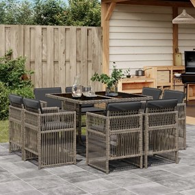 9 pcs conjunto de jantar p/ jardim c/ almofadões vime PE cinza