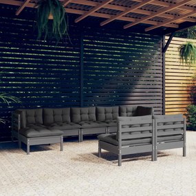 9 pcs conjunto lounge de jardim c/ almofadões pinho cinza