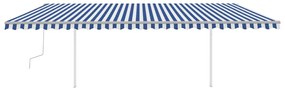 Toldo retrátil manual com postes 6x3,5 m azul e branco