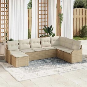 Conjunto de Sofá de Jardim de 8 Peças com Almofadas Bege Vime Poly