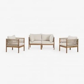 Conjunto De Sala Com Sofá Modular De 2 Peças Com Apoios De Braços E 2 Poltronas Em Madeira De Acácia Branson Branco Gardênia - Castanho Acácia - Sklum