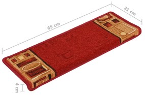 Tapetes de escada autoadesivos 15 pcs 65x21x4 cm vermelho