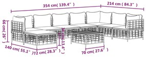 9 pcs conjunto lounge de jardim c/ almofadões vime PE antracite