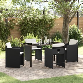 vidaXL Conjunto de Jantar de Jardim 5 Peças com Almofadas Preto Vime PE