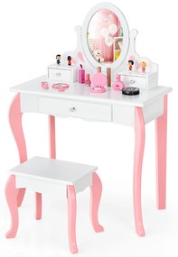 Conjunto de Toucador e Banco para Crianças Mesa de Maquilhagem para Princesas com Espelho Rotativo 360° Removível 3 Gavetas Branco e Rosa