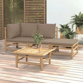 4 pcs conj. lounge jardim bambu c/ almofadões cinza-acastanhado