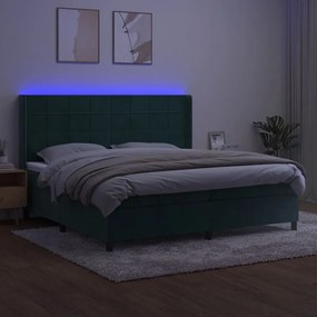 Cama box spring c/ colchão/LED 200x200 cm veludo verde-escuro