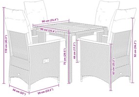 5 pcs conjunto bistrô de jardim c/ almofadões vime PE cinza