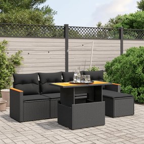 6 pcs conjunto sofás de jardim c/ almofadões vime PE preto