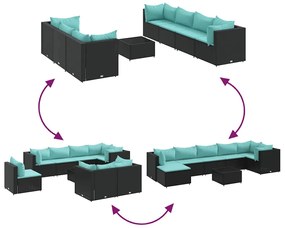 8 pcs conjunto lounge de jardim c/ almofadões vime PE preto