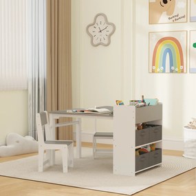 Conjunto de mesa e 2 cadeiras infantis em madeira com rolo de papel, prateleiras e gavetas, para meninas e meninos dos 3 aos 8 anos, cinzento