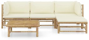 5 pcs conj. lounge p/ jardim em bambu c/ almofadões branco nata