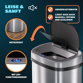 Caixote do lixo com sensor em aço inoxidável 50L prateado