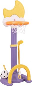 Cesto de basquetebol 4 em 1 para crianças Centro de actividades desportivas ajustável com anéis de basquetebol, futebol, golfe Amarelo