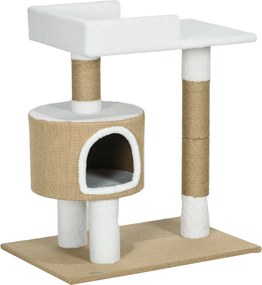 PawHut Arranhador Árvore para gatos Casinha para gatos, 1 casinha para gatos, 1 área de descanso, 70 cm x 49 cm x 79 cm, Natural + Branco | Aosom Portugal