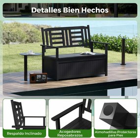 Banco jardim 123 x 68,5 x 96 cm com armazenamento para pátio com 185 L para 2 pessoas com encosto e braços Preto