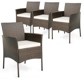 Conjunto de 4 cadeiras jardim de vime de rattan PE com almofadas de assento macias Estrutura metálica resistente Apoios de braços curvos para Jardim m