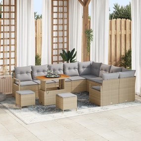 Conjunto de Sofá de Jardim vidaXL de 12 Peças com Almofadas Bege Poly Rattan Acácia