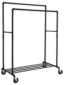 Cabideiro industrial de tubos SONGMICS sobre rodas, carga máxima de 110 kg, trilho duplo para pendurar, metal resistente com prateleira, nível comercial, preto HSR60B