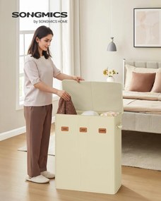 Cesto da roupa suja 160L, 64 x 33 x 75 cm  com três compartimentos, tampa e saco interior lavável creme