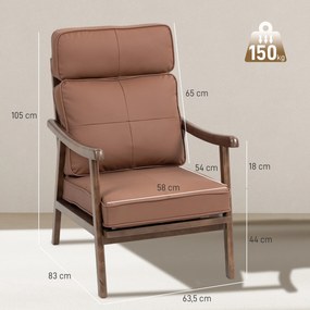 Poltrona de Sala de Estar Estofada em PU com Estrutura de Madeira Almofadas Acolchoadas Poltrona de Leitura 63,5x83x105 cm Castanho