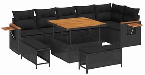 Conjunto de Sofá de Jardim de 9 Peças com Almofadas Pretas de Polirrat