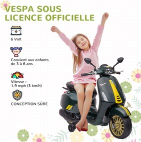 Scooter elétrica infantil Vespa 6 V, 107 x 47 x 73 cm, música MP3, porta USB, farol, 2 rodas de apoio - Verde