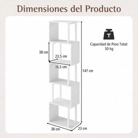 Estante de 5 prateleiras, geométrica em forma de S com estrutura metálica e sistema anti-tombamento 38 x 23 x 147 cm Branca