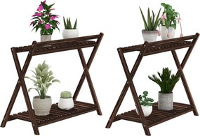Conjunto de 2 suportes para plantas de interior com 2 níveis 73 x 36 x 64 cm, , prateleiras para plantas e suporte traseiro, castanhos