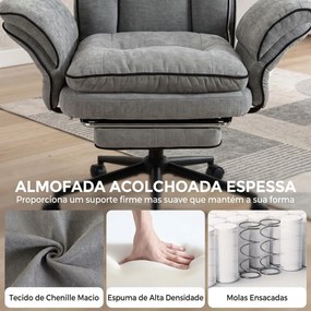 Cadeira de Escritório com Apoio para os Pés, Apoios de Braços Rebatíveis, Encosto Alto Reclinável 145° e Apoio de Cabeça Ajustável, Cinzento