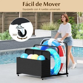Organizador de armazenamento 100 cm x 100 cm x 94 cm Exterior para boias de piscina em vime para exterior Cesto caddy com rodas Preto